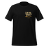 A black short-sleeve crewneck t-shirt with a distressed gold graphic on the left chest that reads 'CAN WE PRAY?'